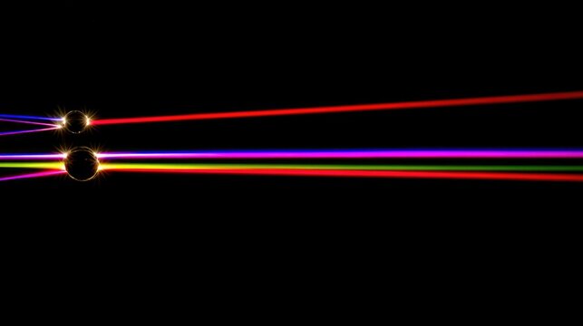 separation. Two colored light beams refracted by a clear glass prism on dark background. STEM education sheets, lab safety posters, designed for biotech research communications.
