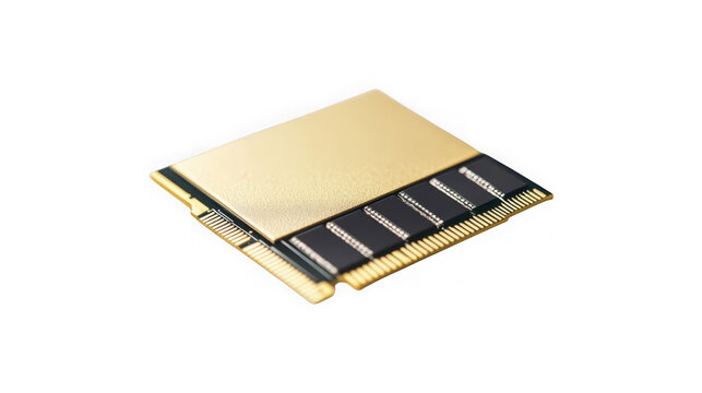 Gold computer ram module with black memory chips on transparent background