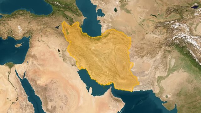 Top-down aerial satellite map of Iran outlined in vibrant yellow, displaying the country borders and surrounding Middle Eastern terrain