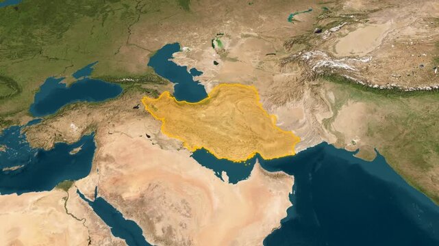 Iran borders highlighted in bright yellow on a 3D satellite terrain map, animated with cinematic orbital camera movement across the Middle East
