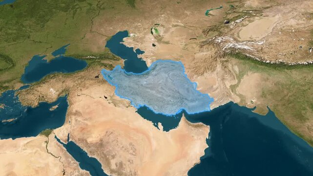 Iran territory marked with a cool blue outline on a 3D satellite terrain map, animated with a smooth orbital camera rotation around the Middle East