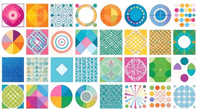 A vibrant, geometric arrangement of colorful squares and circles with intricate patterns