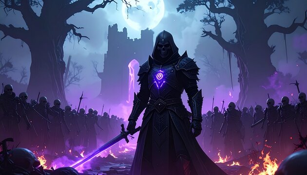 An enigmatic dark champion, radiating arcane energy and wielding a glowing sword, stands resolute before his silent legion and a desolate fortress beneath an eerie full moon
