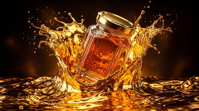 Luxury glass honey jar emerging with dynamic golden syrup splash on dark amber background