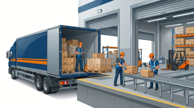 Workers unloading boxes from truck in warehouse loading dock area