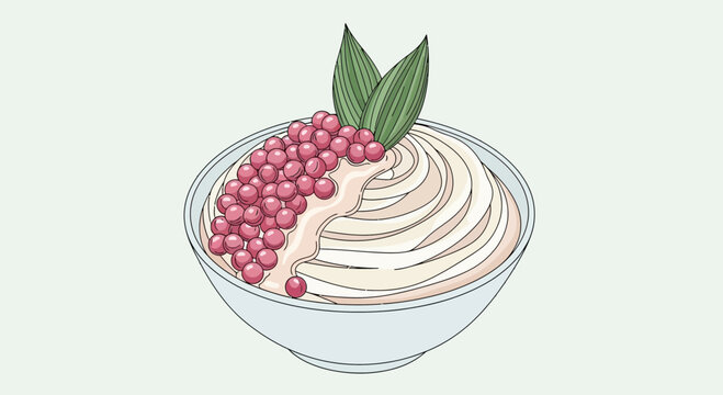 Creamy Dessert Bowl Illustration with Red Pearls and Mint