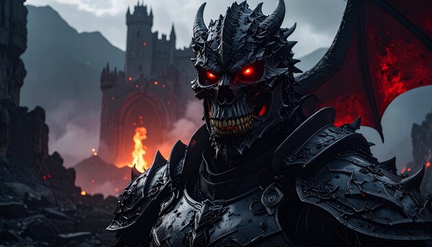 A menacing dragon-armored warrior with glowing red eyes stands before a burning, ruined castle, evoking a dark fantasy epic of ancient power and impending doom