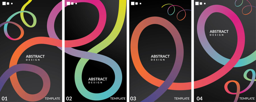 A set of lines art: Abstract neon loop liquid wave template set featuring colorful, abstract, flowing 3D gradient liquid lines and neon loop swirls over a dark background.