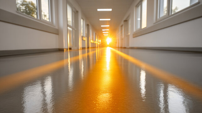 Bright long empty hallway corridor with glowing sunset light at the end corridor interior