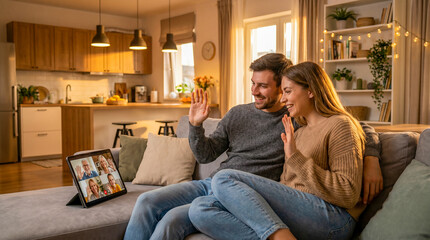 Fototapeta premium Smiling young couple waving at tablet screen during video call on couch at home