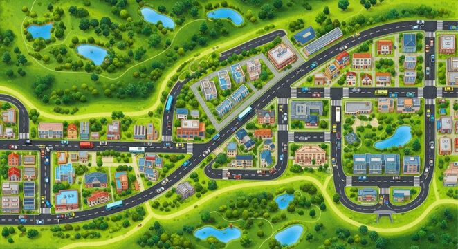 Aerial view of a vibrant cartoon city with roads and buildings.