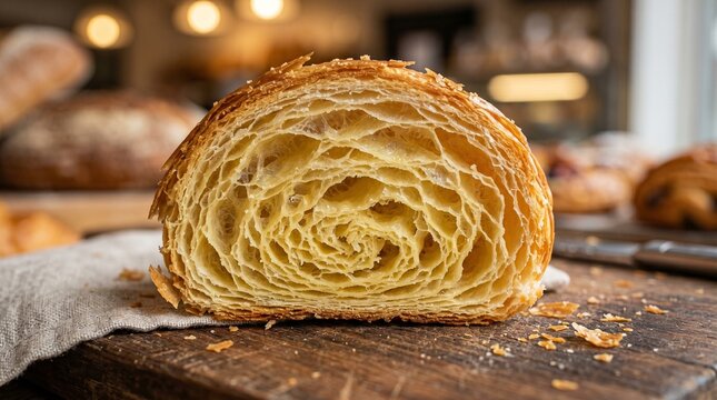 Freshly baked croissant cut in half, showcasing layers