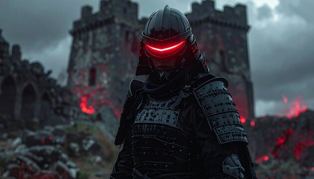 Futuristic Samurai Warrior in Armor with Glowing Red Eyes at Ancient Castle Ruins