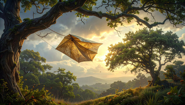 Kite flying in a green landscape