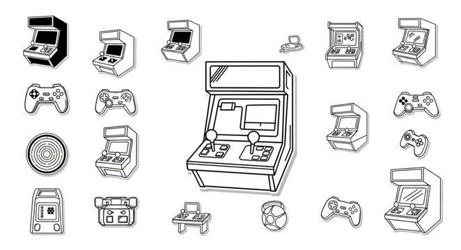 Retro Arcade Game Machines and Controllers Collection.