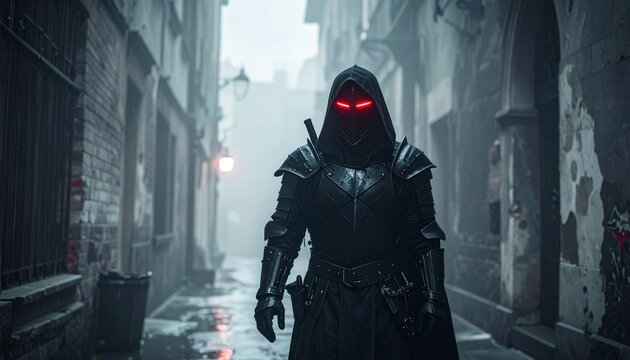 Mysterious hooded figure with glowing red eyes walks down a dark, rain-slicked cobblestone alleyway at night