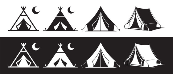 Set of black and white camping tent icons featuring teepees and adventure travel symbols for outdoor lifestyle design. © CreatetiveDesignX