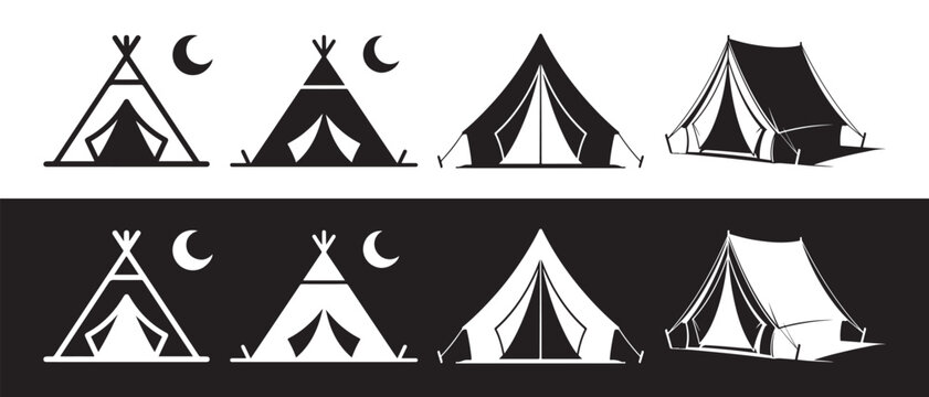 Set of black and white camping tent icons featuring teepees and adventure travel symbols for outdoor lifestyle design.