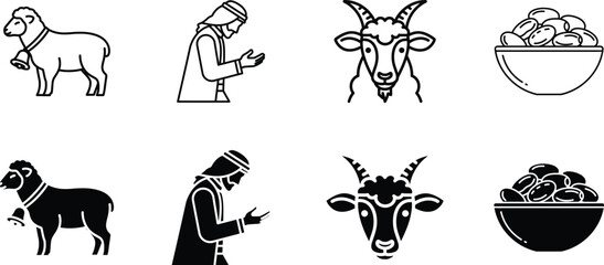 Naklejka premium Biblical silhouette illustrations of shepherd sheep goat and bowl of food