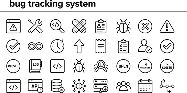 Bug tracking system line icon set with issue management debugging workflow symbols for software development apps dashboards and monitoring