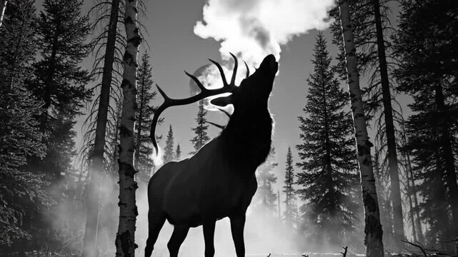 Epic silhouette of a bull elk with large antlers bugling with the full moon in the forest