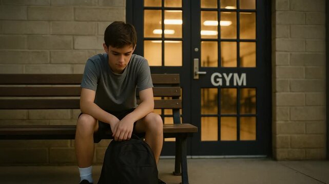 Teen boy sitting on a bench outside a gym door at dusk, holding a backpack and looking down in a pensive, emotional moment