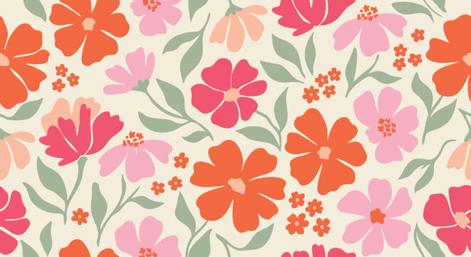 Floral pattern with pink and orange flowers, seamless repeat