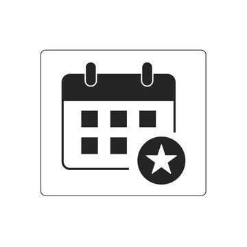 Simple black calendar icon with a star symbol indicating a special event or important date