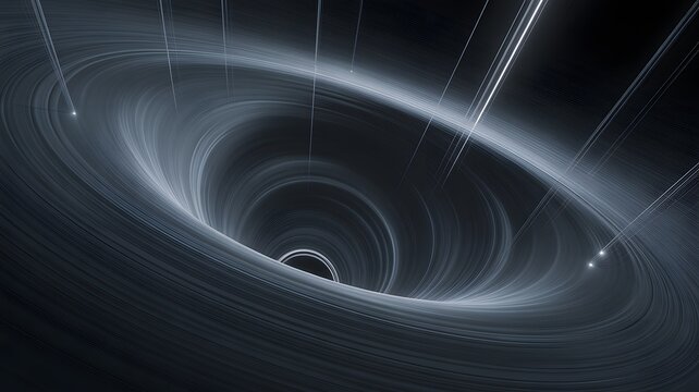 Massive black hole with swirling accretion disk and light streaks creates a deep, dark vortex in space, highlighting gravitational forces.