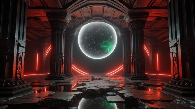 Futuristic glowing orb with neon lights in an ancient ruin