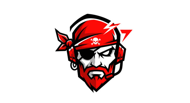 Aggressive Pirate Gamer Logo with Headset and Eye Patch, Red and White