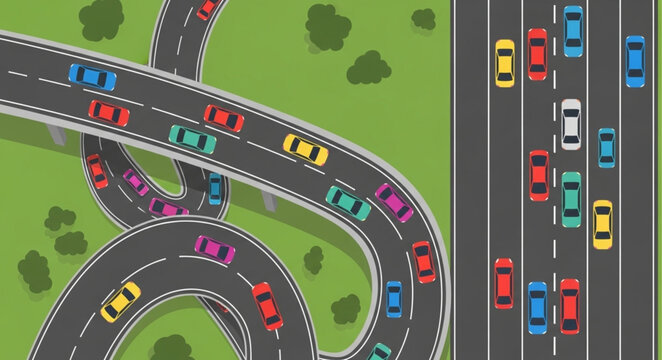 Busy highway intersection with many cars driving on roads.
