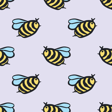 Seamless pattern with hand drawn happy funny cute honey bee Adorable flying striped insect friendly kawaii bumble bee For kids print, wrapping paper, packaging, fabric