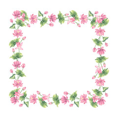 Fototapeta premium Floral frame from lotus pink flowers with leaves watercolor hand drawn illustration. Water lilies for wellness and spa brand. Floral isolated template for yoga and meditation material, interior design