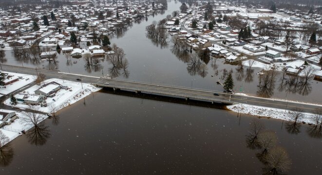 Aerial view of a river bridge and snowy landscape during a major winter flood.
