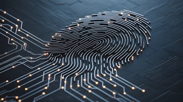 Intricate circuit board pattern in digital fingerprint design.