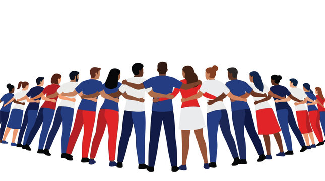 Diverse group of men and women standing in a circle with arms around each other's shoulders, viewed from behind, flat 2D vector illustration on white background, symbolizing unity.