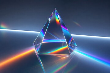 Naklejka premium Abstract prismatic crystal refracting rainbow spectrum light beams in dark futuristic space, geometric optics demonstration with vibrant prismatic colors and glowing light rays