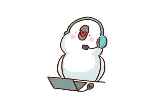 Parrot wearing a headset and working on a laptop at a call center, manual response concept