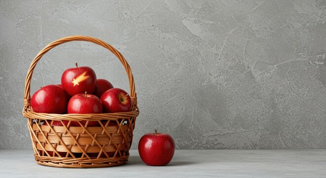 A rustic wicker basket of red apples sits on a grey surface with a single apple resting alongside.