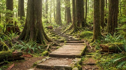 Fototapeta premium Enchanting Forest Path with Wooden Boardwalk and Lush Greenery.