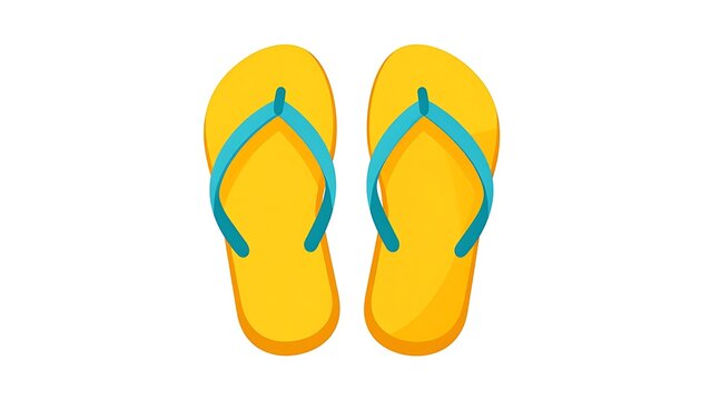 A pair of yellow flip-flops with blue straps against a white background