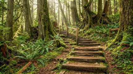Fototapeta premium Enchanting Forest Stairway Bathed in Golden Sunlight.