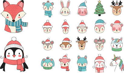 Cute winter woodland animal cartoon vector illustration set featuring fox penguin bunny reindeer and festive Christmas characters © Bokul