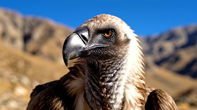 Close-up portrait of a majestic Eurasian black vulture with a piercing gaze in a natural mountain environment under clear blue skies