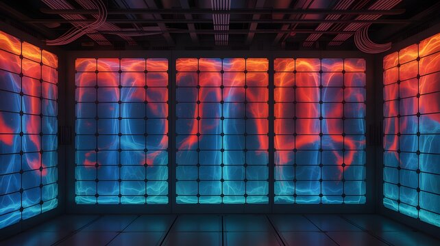 Abstract futuristic room with vibrant red and blue illuminated grids, creating a dynamic and visually stimulating environment.