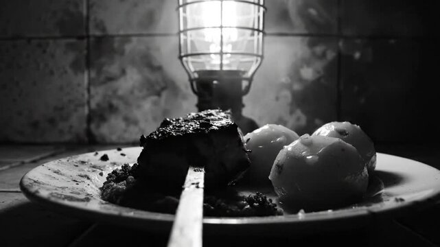 Black and white plate of food with skewers and potatoes, illuminated by a caged light, steam rising