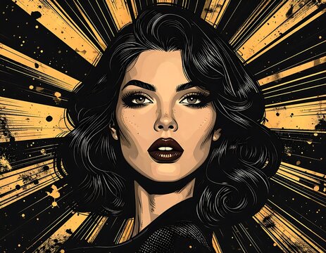 A vibrant, comic-style portrait of a woman with dark hair, brown eyes, and a bold lip color against a radial background
