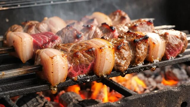 Delicious skewers of marinated meat cooking on a hot barbecue grill over glowing coals producing smoke
