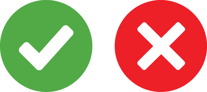 Green check mark and red cross sign icons for true or false choice Vector